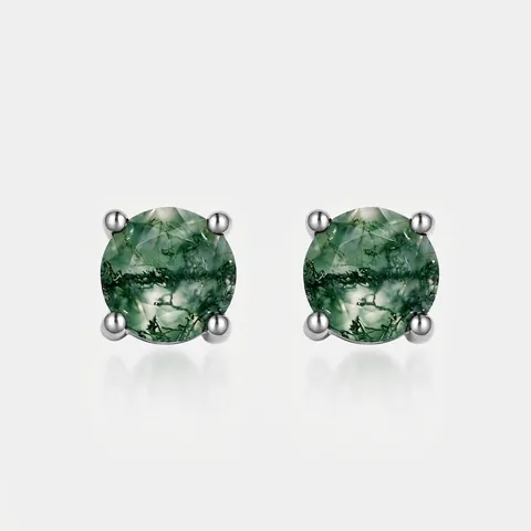 Boucles d'Oreilles Clous en Argent Sterling 925 Agate Mousse Naturelle Ronde 6mm Pierre Verte pour Femme Bijoux Élégants