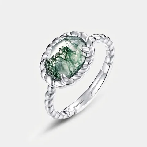 Vintage S925 Sterling Silver Moss Agate Ring For Women Adjustable Green Natural Stone Braided Claw Setting Oval Jewelry