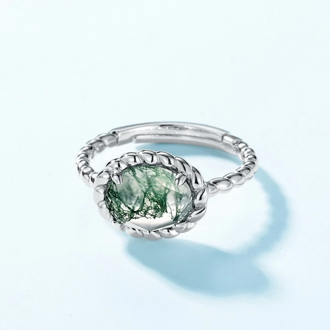 Vintage S925 Sterling Silver Moss Agate Ring For Women Adjustable Green Natural Stone Braided Claw Setting Oval Jewelry