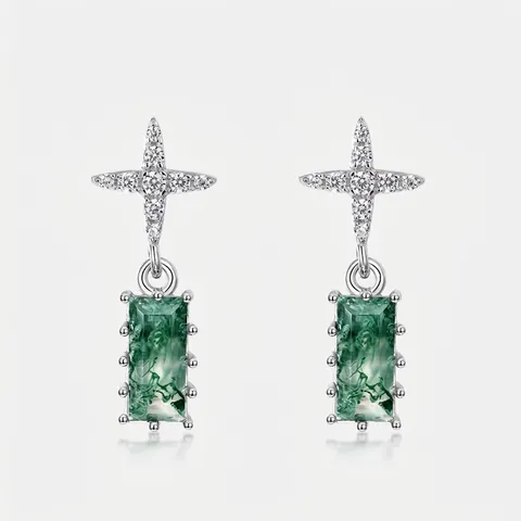925 Sterling Silber Moosachat Ohrhänger Für Damen Rechteckiger Grüner Stein Kreuzstern Zirkonia Eingelegt Vintage Schmuck