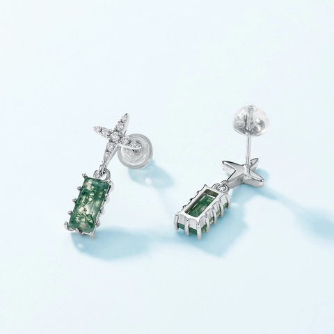 925 Sterling Silber Moosachat Ohrhänger Für Damen Rechteckiger Grüner Stein Kreuzstern Zirkonia Eingelegt Vintage Schmuck