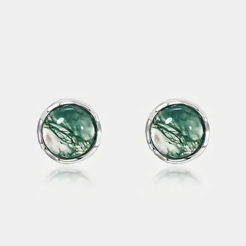 S925 Sterling Zilver Mosagaat Oorknopjes Vrouwen Handgemaakte Gehamerde Ronde Natuurlijke Groene Steen Luxe Sieraden Cadeau