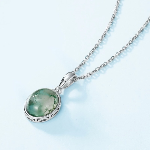 Colgante de Ágata Musgosa de Plata de Ley 925 Vintage para Mujer Colgante Ovale de Piedra Natural de Ágata de Hierba de Agua Joyería Regalo