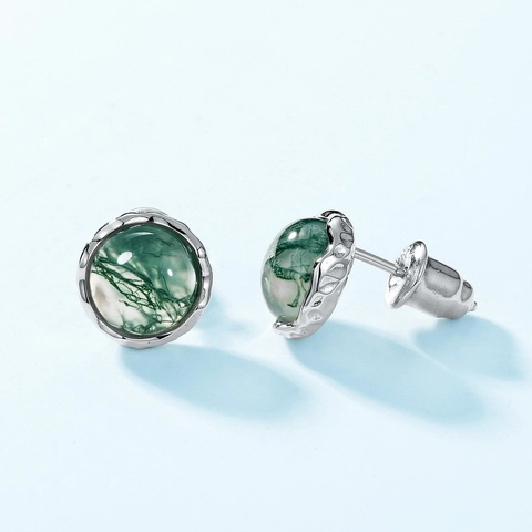 S925 Sterling Zilver Mosagaat Oorknopjes Vrouwen Handgemaakte Gehamerde Ronde Natuurlijke Groene Steen Luxe Sieraden Cadeau