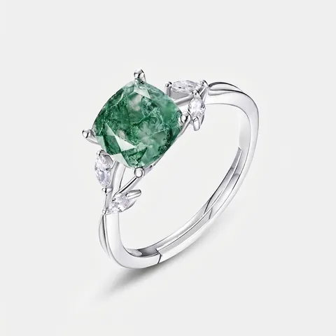 S925 Sterlingsilber Moosachat Ring Olivenzweig Blatt Verstellbarer Offener Ring Quadratischer Grüner Edelstein Damen Vintage Schmuck