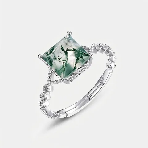 Vintage 925 Sterling Silver Ring For Women Square Moss Agate Adjustable Open Finger Ring Luxury Zirconia Inlaid Jewelry