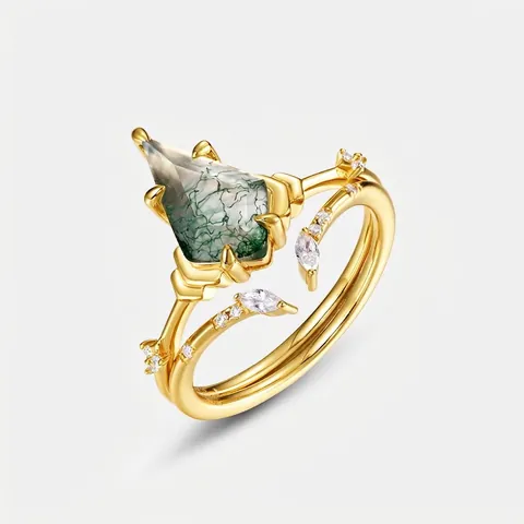 Vintage Geometrische Mosagaat Ring S925 Sterling Zilver Verguld Strass Vlieger Vormige Groene Steen Stapelring Voor Vrouwen Sieraden Cadeau