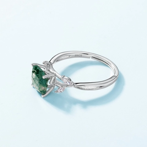 S925 Sterlingsilber Moosachat Ring Olivenzweig Blatt Verstellbarer Offener Ring Quadratischer Grüner Edelstein Damen Vintage Schmuck
