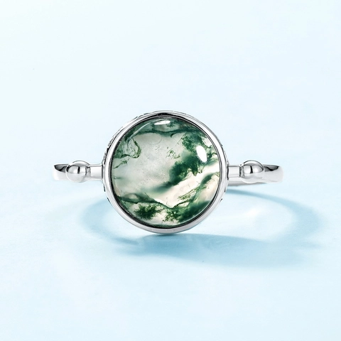 Vintage 925 Sterlingsilber Moosachat Offener Ring Natürlicher Grüner Wassergras Achat Strass Eingelegter Verstellbarer Schmuck