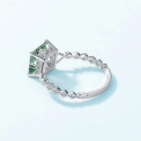 Vintage 925 Sterling Silver Ring For Women Square Moss Agate Adjustable Open Finger Ring Luxury Zirconia Inlaid Jewelry