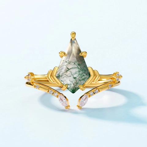 Vintage Geometrische Mosagaat Ring S925 Sterling Zilver Verguld Strass Vlieger Vormige Groene Steen Stapelring Voor Vrouwen Sieraden Cadeau
