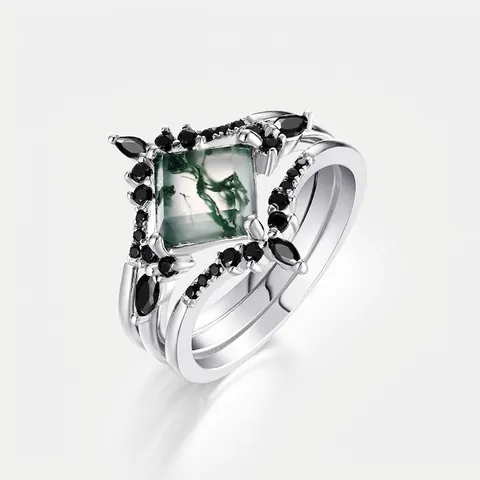 Vintage 925 Sterling Zilveren Ring Set Natuurlijke Groene Mosagaat Geometrische Stapelringen Zwarte Strass Sieraden Voor Dames