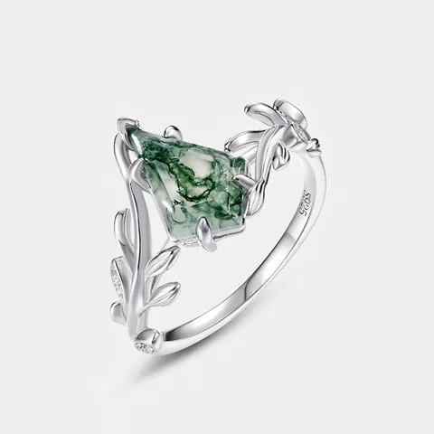 925 Sterling Zilver Olijftak Ring Vliegersnede Groene Mosagaat Vintage Natuur Blad Geometrische Vingerring Voor Dames