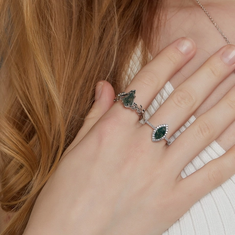 925 Sterling Zilver Olijftak Ring Vliegersnede Groene Mosagaat Vintage Natuur Blad Geometrische Vingerring Voor Dames