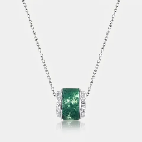 925 Sterlingsilber Natürlicher Grüner Moosachat Anhänger Halskette Elegante Zylindrische Zirkonia Schlüsselbeinkette Damen Schmuck