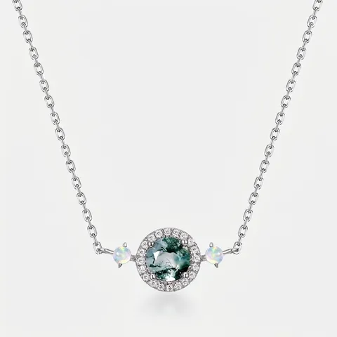 Collana con Pendente in Argento Sterling 925 Agata Muschiata Naturale Opale Girocollo Rotondo con Strass Halo per Donna