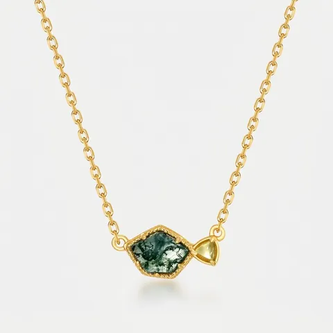 Collana con Ciondolo in Agata Muschiata Argento Sterling 925 Donna Geometrica Irregolare Pietra Naturale Verde Oro Gioielli