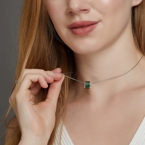 925 Sterlingsilber Natürlicher Grüner Moosachat Anhänger Halskette Elegante Zylindrische Zirkonia Schlüsselbeinkette Damen Schmuck