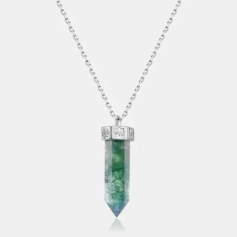 Collana con Ciondolo Prisma Esagonale in Argento Sterling S925 Agata Muschiata da Donna Gioielli in Pietra Verde Naturale