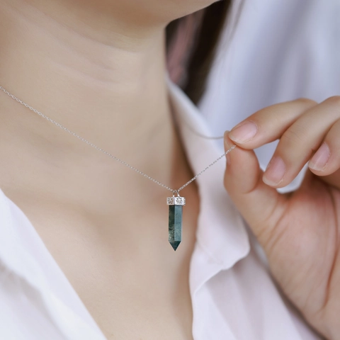 Collana con Ciondolo Prisma Esagonale in Argento Sterling S925 Agata Muschiata da Donna Gioielli in Pietra Verde Naturale