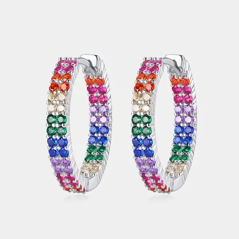 925 Sterling Zilver Regenboog Zirconia Creolen Dubbele Rij Kleurrijke CZ Ingelegde Geometrische Oorbellen Voor Vrouwen Sieraden