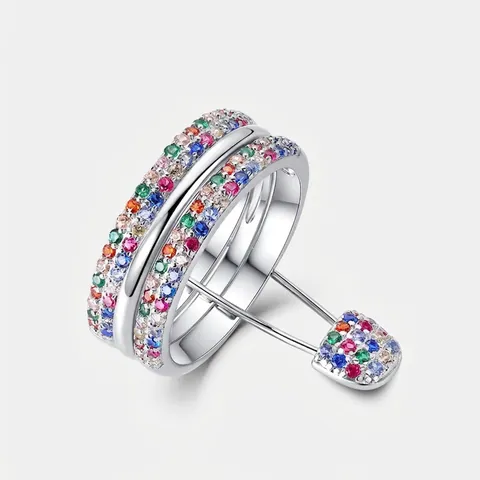 925 Sterling Silver Rainbow Zirconia Double Row Stackable Ring For Women Elegant Electroplated Multi-Color Stone Ring Jewelry