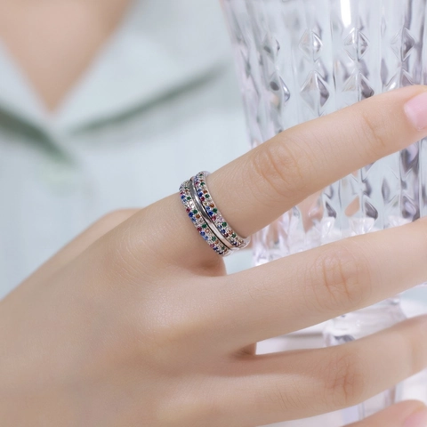 925 Sterling Silver Rainbow Zirconia Double Row Stackable Ring For Women Elegant Electroplated Multi-Color Stone Ring Jewelry