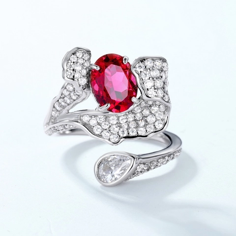 925 Sterling Zilver Verstelbare Open Ring Voor Vrouwen Synthetische Robijn Saffier Ovaal Geometrisch Strass Ingelegde Ring