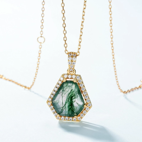 925 Sterling Silver Hexagon Moss Agate Pendant Only Without Chain Gold Plated Natural Gemstone Rhinestone Pendant Women Jewelry