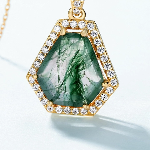 925 Sterling Silver Hexagon Moss Agate Pendant Only Without Chain Gold Plated Natural Gemstone Rhinestone Pendant Women Jewelry
