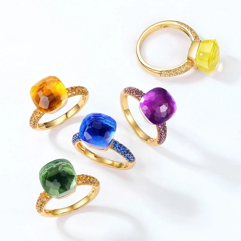 S925 Sterling Silver Gold Plated Square Cushion Cut Colorful Gemstone Ring For Women French Retro Synthetic Citrine Amethyst Party Fashion Jewelry