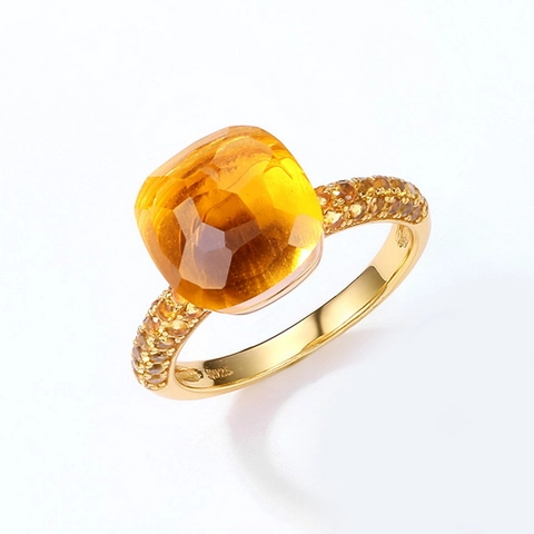 S925 Sterling Silver Gold Plated Square Cushion Cut Colorful Gemstone Ring For Women French Retro Synthetic Citrine Amethyst Party Fashion Jewelry
