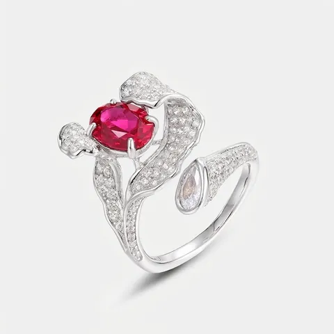 925 Sterling Zilver Verstelbare Open Ring Voor Vrouwen Synthetische Robijn Saffier Ovaal Geometrisch Strass Ingelegde Ring