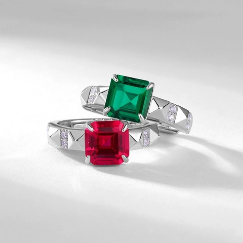 925 Sterlingsilber Prinzess-Schliff Laborgezüchteter Smaragd Rubin Ring Für Damen Retro Geometrischer Eingelegter Strass Verstellbar