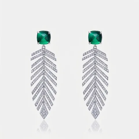 Boucles d Oreilles Glands en Argent Sterling 925 Émeraude Rubis de Laboratoire Strass Plume Élégant Mariage Fête Femme Bijoux