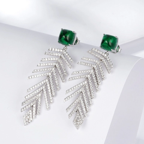 Boucles d Oreilles Glands en Argent Sterling 925 Émeraude Rubis de Laboratoire Strass Plume Élégant Mariage Fête Femme Bijoux