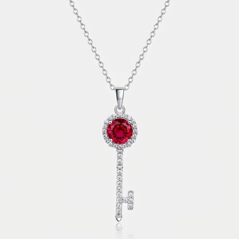 Elegante Collar de Colgante de Llave de Plata de Ley 925 Con Rubí Creado en Laboratorio y Diamantes de Imitación Joyería Regalo Mujer