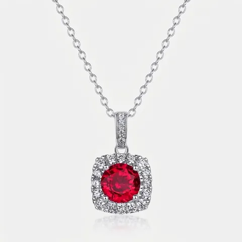 Collana con Pendente Halo Quadrato in Argento Sterling 925 per Donna Elegante Rubino Coltivato Moissanite Strass Intarsiato Catena per Clavicola Gioielli Regalo