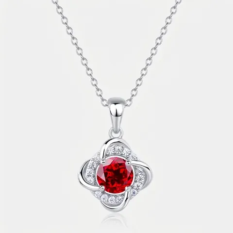 Collana con Pendente Quadrifoglio a Mulino a Vento in Argento Sterling 925 Rubino Creato Moissanite Strass Gioielli da Donna