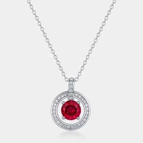 925 Sterling Silver Lab-Grown Ruby Moissanite Circle Pendant Necklace Elegant Halo Style Rhinestone Inlaid Necklace For Women