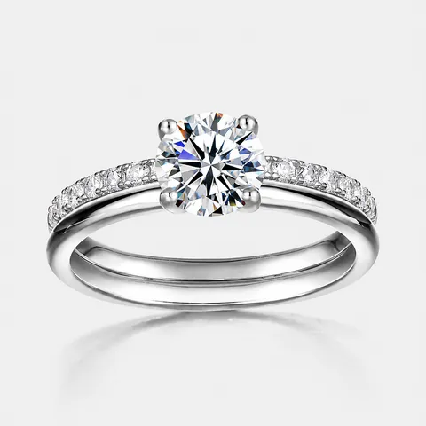 Juego de Anillos de Plata de Ley 925 con Moissanita de 1 Quilate para Mujer Corte Redondo Strass Boda Joyería de Dos Piezas
