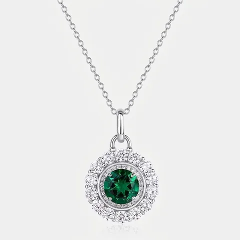 Collana con Ciondolo Smeraldo Laboratorio Rotondo in Argento Sterling 925 Vintage Gioielli Zirconia Halo per Regalo Donna