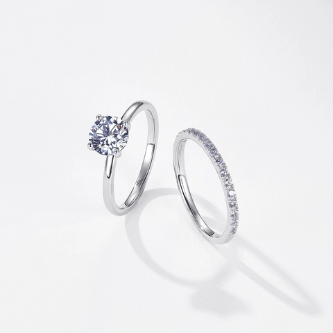 Set di Anelli in Argento Sterling 925 con Moissanite da 1 Carato per Donna Taglio Rotondo Strass Matrimonio Gioielli Due Pezzi