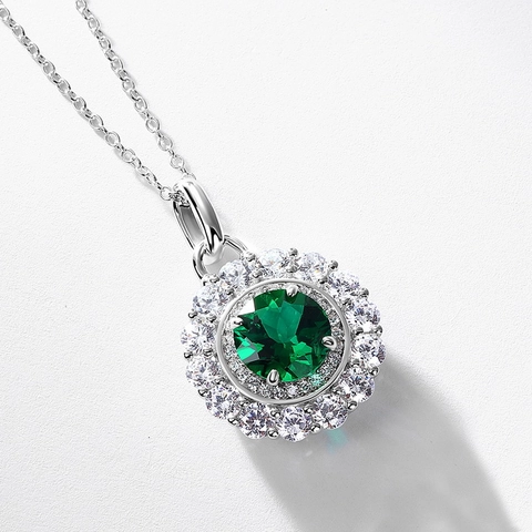Collana con Ciondolo Smeraldo Laboratorio Rotondo in Argento Sterling 925 Vintage Gioielli Zirconia Halo per Regalo Donna