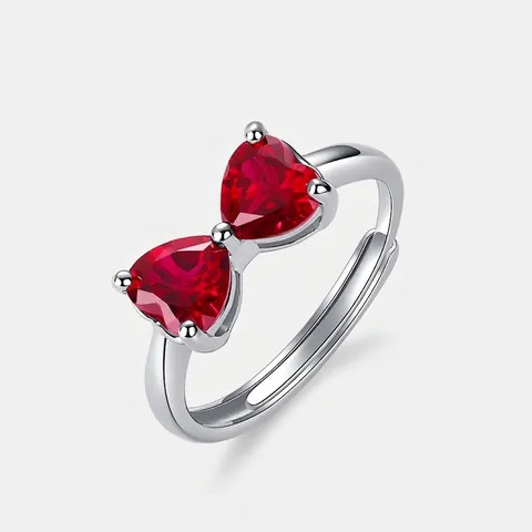 925 Sterling Silver Lab-Grown Ruby Bow Heart Adjustable Open Ring Elegant Fashion Commuting Hand Jewelry For Women Gift