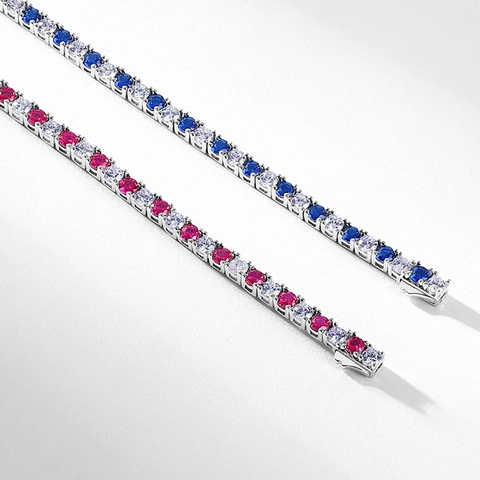 Unisex 925 Sterling Silver Tennis Bracelet Round Cut Zirconia Inlaid Lab-Grown Color Gemstones Hip Hop Fashion Hand Jewelry Gift