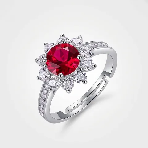 925 Sterling Silver Sunflower Open Ring For Women Synthetic Ruby Moissanite Pave Rhinestone Adjustable Fashion Jewelry Gift