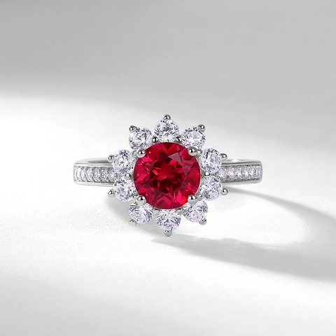 925 Sterling Silver Sunflower Open Ring For Women Synthetic Ruby Moissanite Pave Rhinestone Adjustable Fashion Jewelry Gift