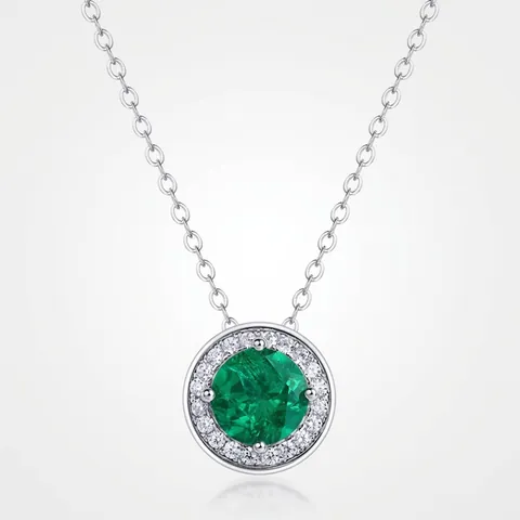 Elegante Collana con Ciondolo in Smeraldo Creato in Laboratorio in Argento Sterling 925 per Donna Taglio Rotondo Rubino Zirconia