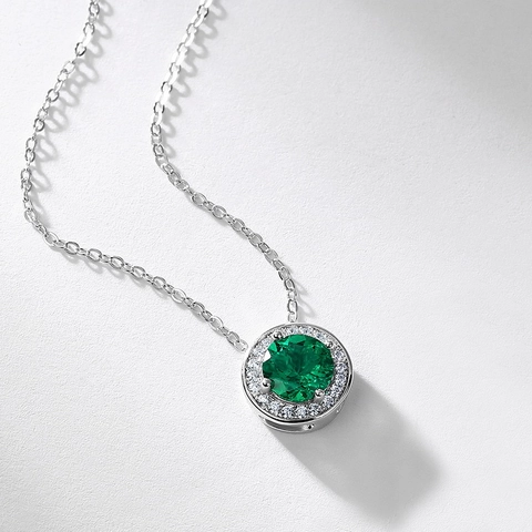 Elegante Collana con Ciondolo in Smeraldo Creato in Laboratorio in Argento Sterling 925 per Donna Taglio Rotondo Rubino Zirconia